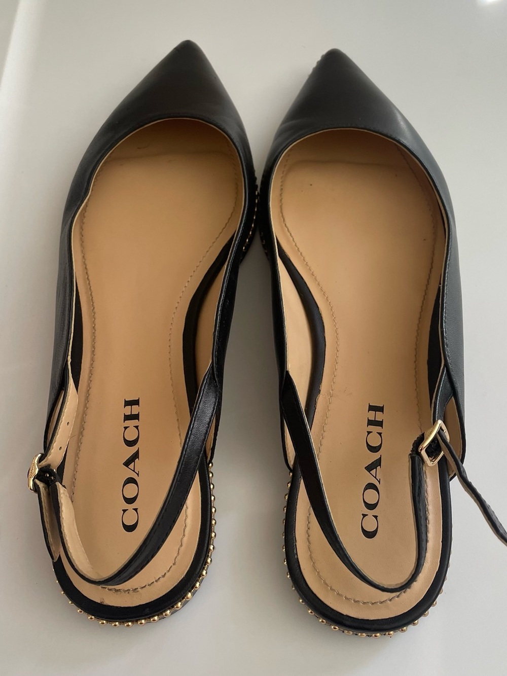 Coach Black Leather Pointed Slingback Flats with Gold Stud Accents